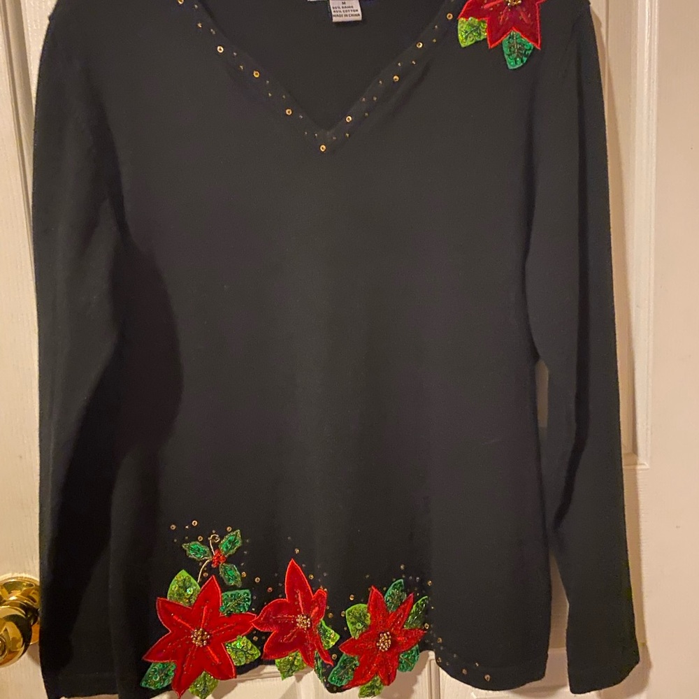 Poinsettia Christmas Black Embellished Women's Top